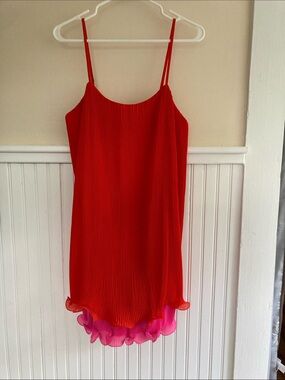 Milly Red Pleated Strapless Mini Dress with Pink Accent
